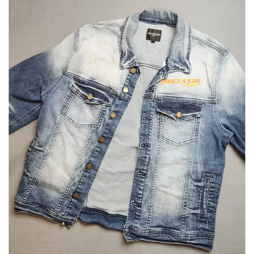 Rockstar Original Denim Jacket Mens‎ XXL Blue Saint Sinner Distressed Streetwear